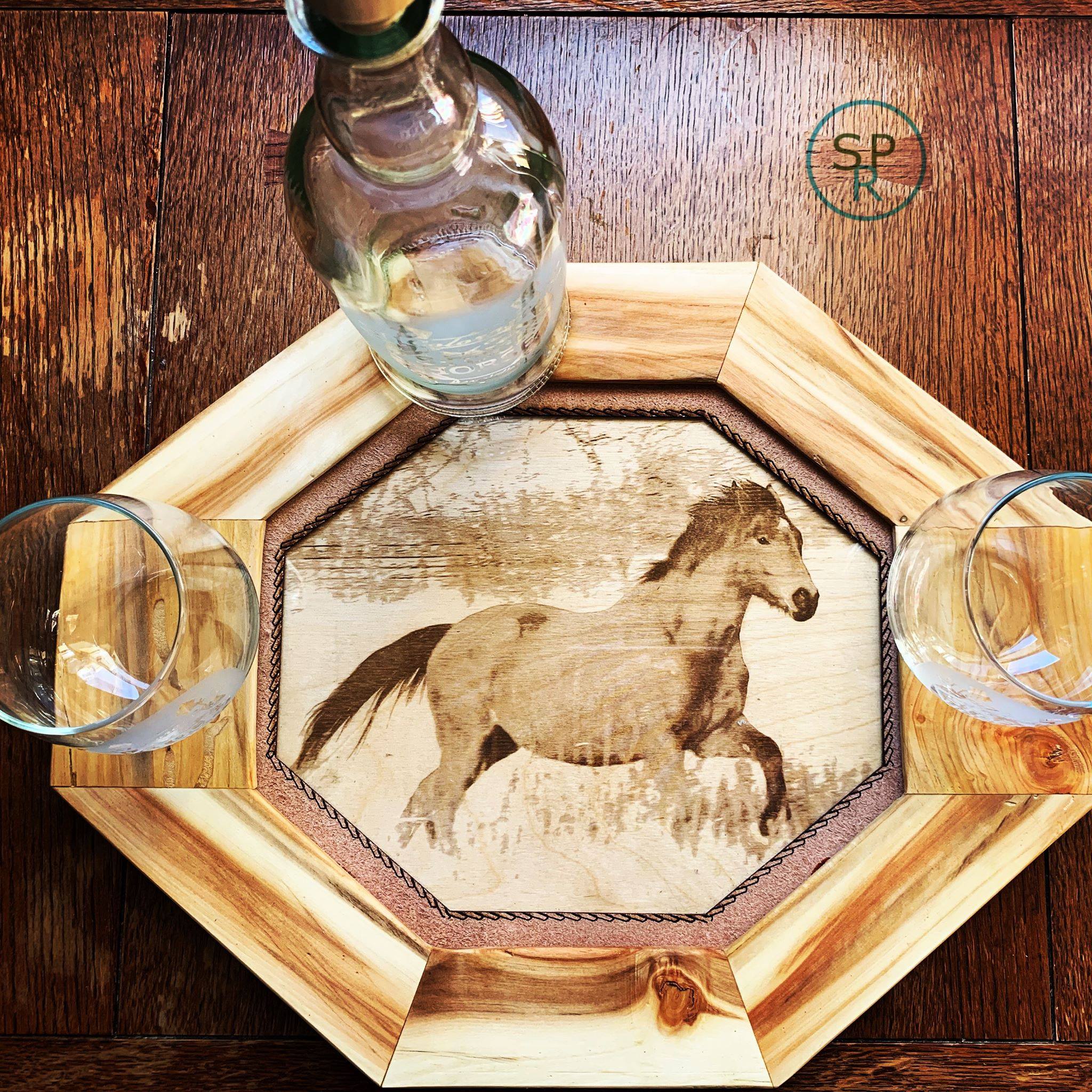 Rustic Aspen Wood Whisky Serving Tray & Etched Glass Set - Standing Pines Ranch